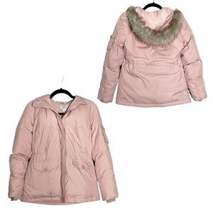 Ann Taylor LOFT Petites XSP Pink Down Puffer Jacket Faux Fur Hood Winter Coat